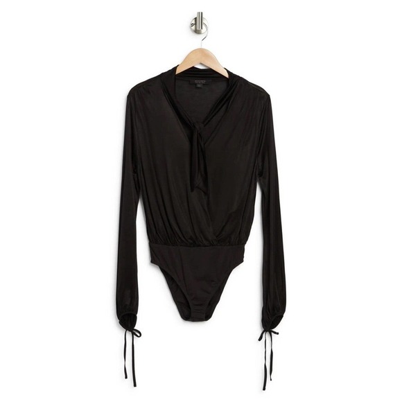 All SaintsPenelope Tie Neck Bodysuit Womens Black Sheer Loose Fit V-neck